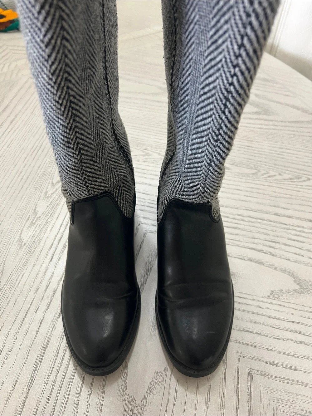 Black Leather and Herringbone Knee-High Riding Boots